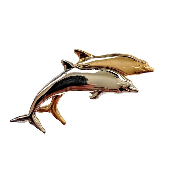 Liz Claiborne Brooch Dolphins Silver Gold Tone Signed Vintage Seashore - Picture 1 of 7